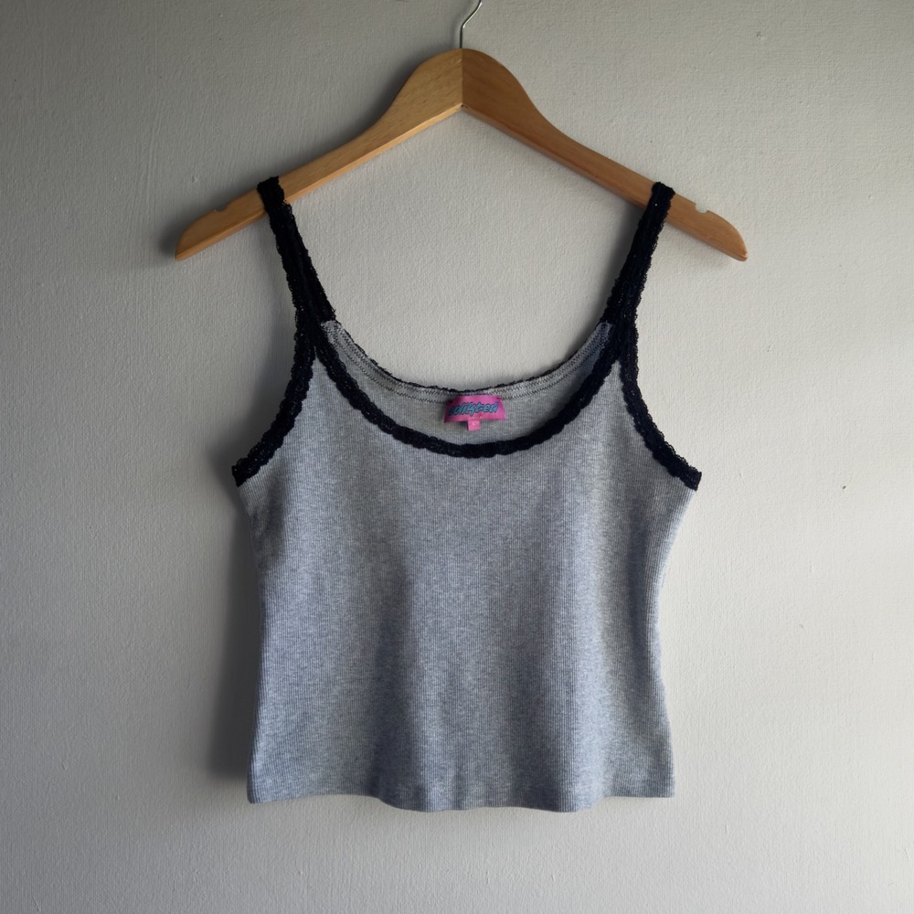 Y2K Edikted Lace Trim Ribbed Cami Tank Top Women Large Gray Coquette Grunge